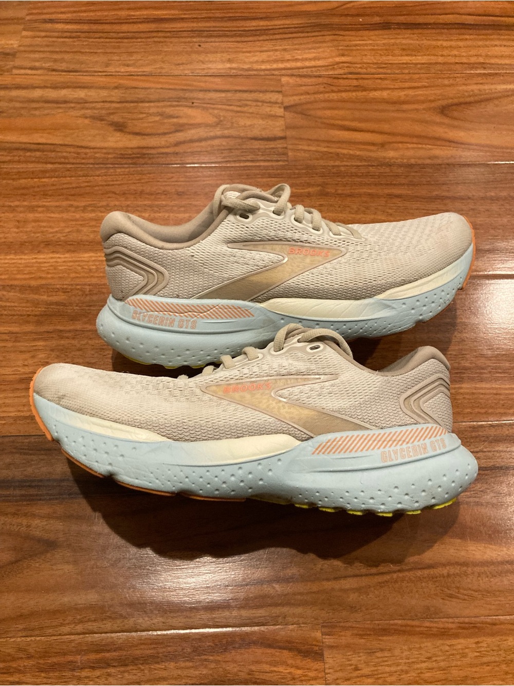 Brooks Glycerin GTS Women’s Mesh Lace-Up Running Sneakers Beige/Blue 8.5B